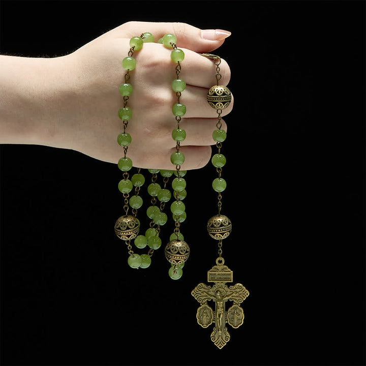 Christianartworkshop Chapelet en bronze filigrané et verre vert olive avec Notre-Dame - image 1