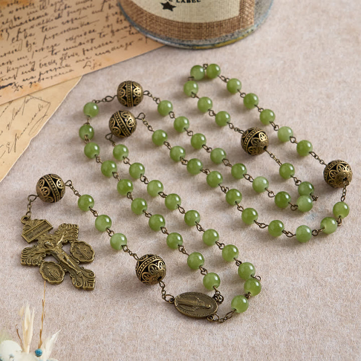 Christianartworkshop Chapelet en bronze filigrané et verre vert olive avec Notre-Dame - image 3