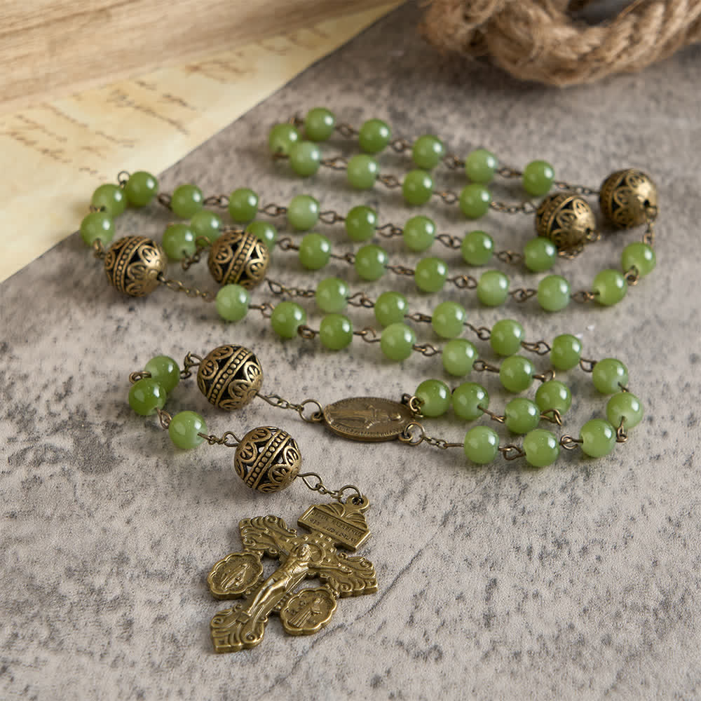 Christianartworkshop Chapelet en bronze filigrané et verre vert olive avec Notre-Dame - Notre-Dame et le Crucifix - image 0