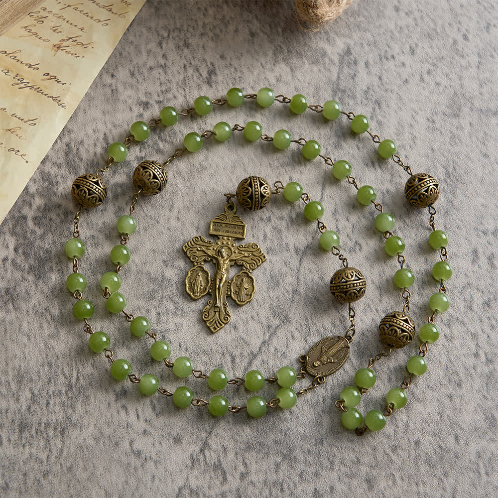 Christianartworkshop Chapelet en bronze filigrané et verre vert olive avec Notre-Dame - image 5