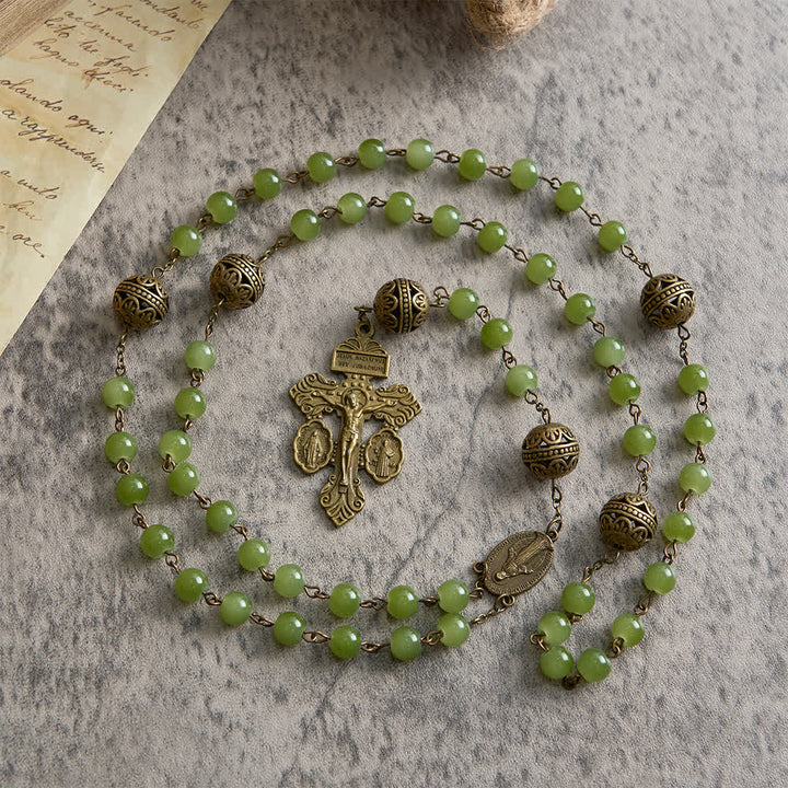 Christianartworkshop Chapelet en bronze filigrané et verre vert olive avec Notre-Dame - image 5