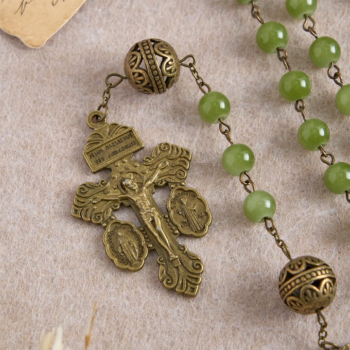 Christianartworkshop Chapelet en bronze filigrané et verre vert olive avec Notre-Dame - image 7