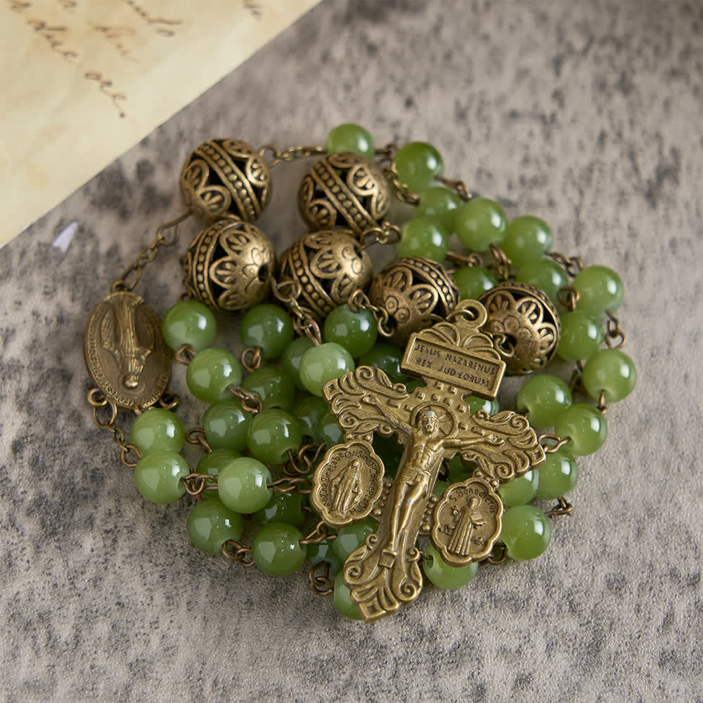 Christianartworkshop Chapelet en bronze filigrané et verre vert olive avec Notre-Dame - image 2