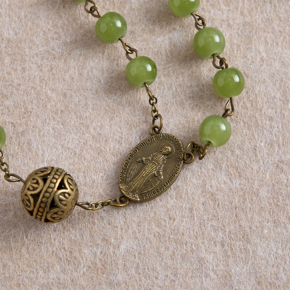Christianartworkshop Chapelet en bronze filigrané et verre vert olive avec Notre-Dame - image 8