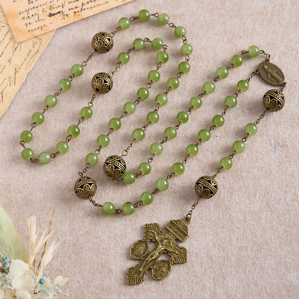 Christianartworkshop Chapelet en bronze filigrané et verre vert olive avec Notre-Dame - image 4