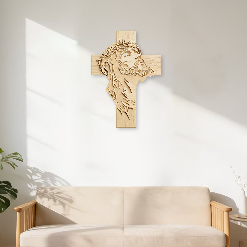 Christianartworkshop Décoration murale croix en bois rustique et chaleureuse avec impression de Jésus couronné d'épines - image 3