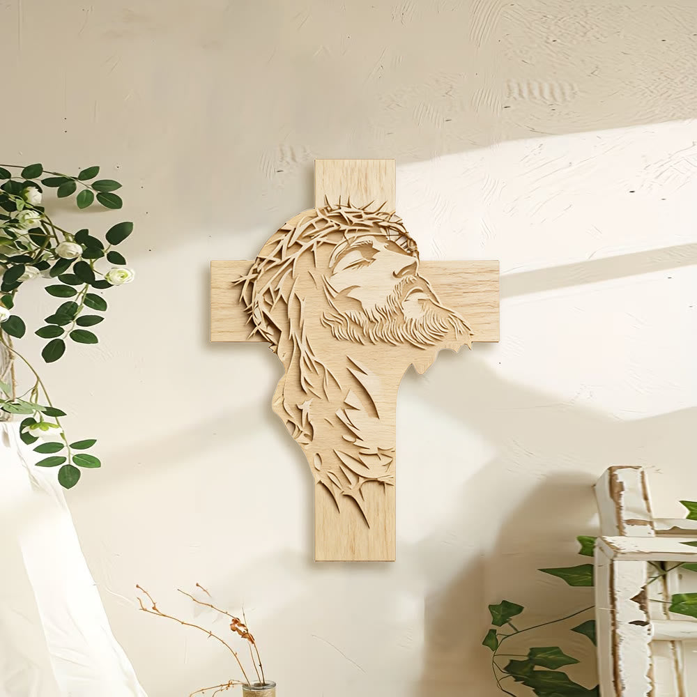 Christianartworkshop Décoration murale croix en bois rustique et chaleureuse avec impression de Jésus couronné d'épines - image 1