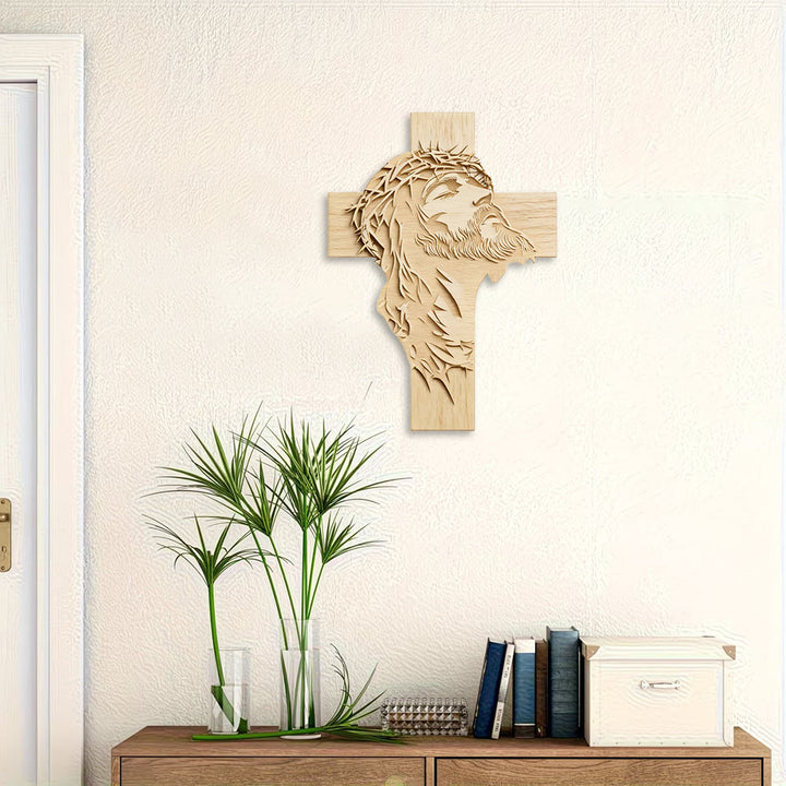 Christianartworkshop Décoration murale croix en bois rustique et chaleureuse avec impression de Jésus couronné d'épines - image 2