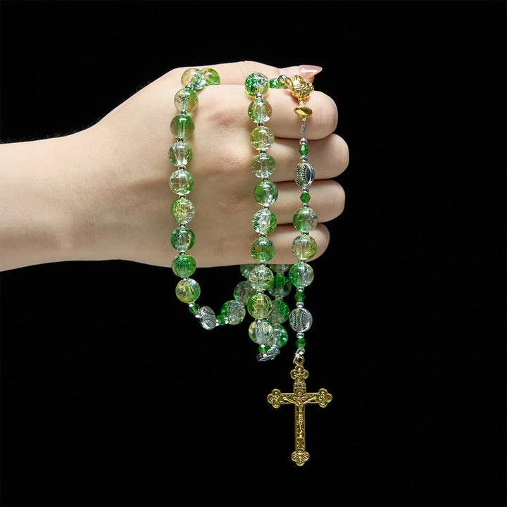 Christianartworkshop Chapelet en verre craquelé jaune-vert : grains en forme de balle de tennis avec médaille eucharistique pour la foi en mouvement - image 1