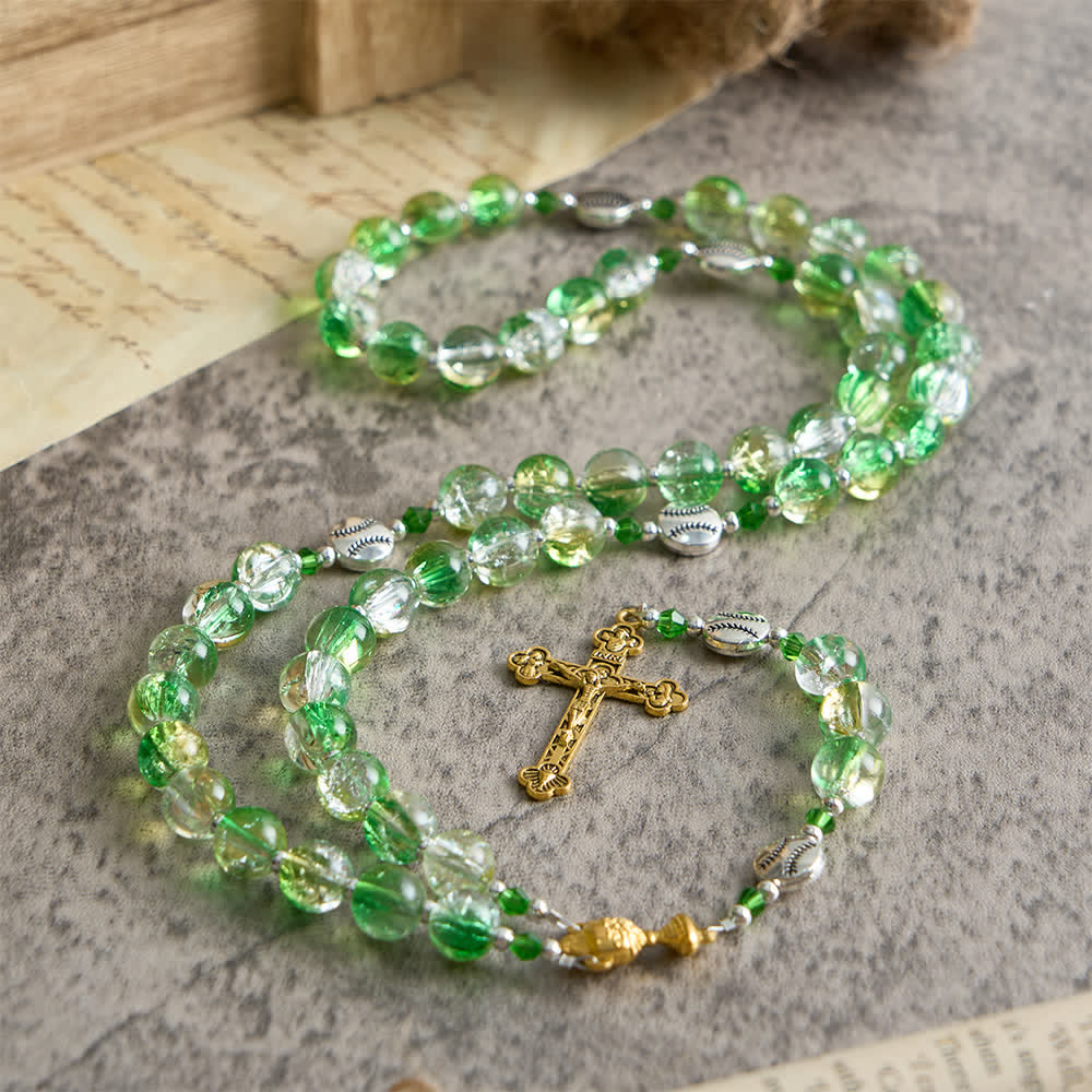 Christianartworkshop Chapelet en verre craquelé jaune-vert : grains en forme de balle de tennis avec médaille eucharistique pour la foi en mouvement - image 4