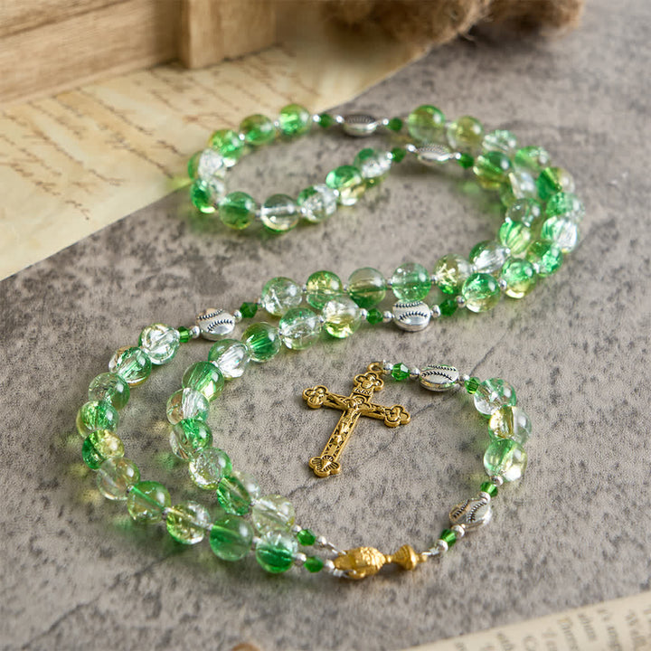 Christianartworkshop Chapelet en verre craquelé jaune-vert : grains en forme de balle de tennis avec médaille eucharistique pour la foi en mouvement - image 4