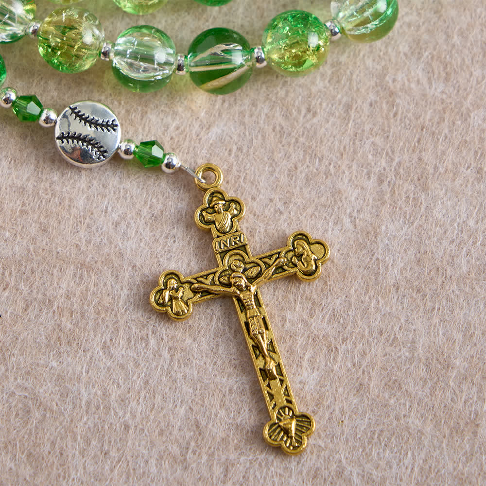 Christianartworkshop Chapelet en verre craquelé jaune-vert : grains en forme de balle de tennis avec médaille eucharistique pour la foi en mouvement - image 8