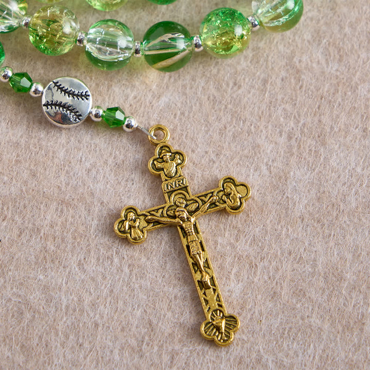Christianartworkshop Chapelet en verre craquelé jaune-vert : grains en forme de balle de tennis avec médaille eucharistique pour la foi en mouvement - image 8