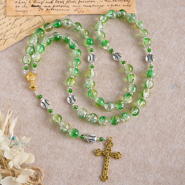 Christianartworkshop Chapelet en verre craquelé jaune-vert : grains en forme de balle de tennis avec médaille eucharistique pour la foi en mouvement - Saint Graal et crucifix - image 0