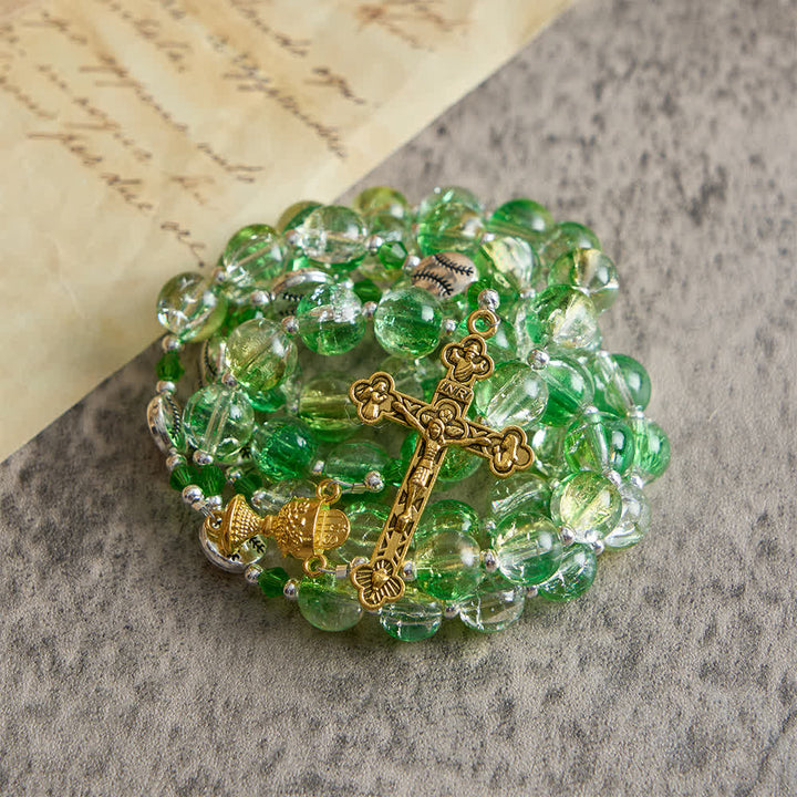 Christianartworkshop Chapelet en verre craquelé jaune-vert : grains en forme de balle de tennis avec médaille eucharistique pour la foi en mouvement - image 5
