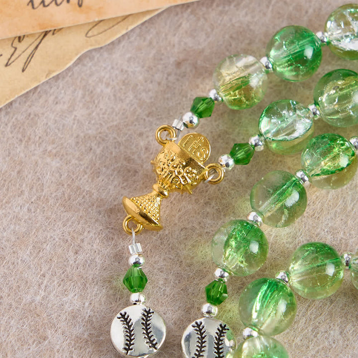 Christianartworkshop Chapelet en verre craquelé jaune-vert : grains en forme de balle de tennis avec médaille eucharistique pour la foi en mouvement - image 6