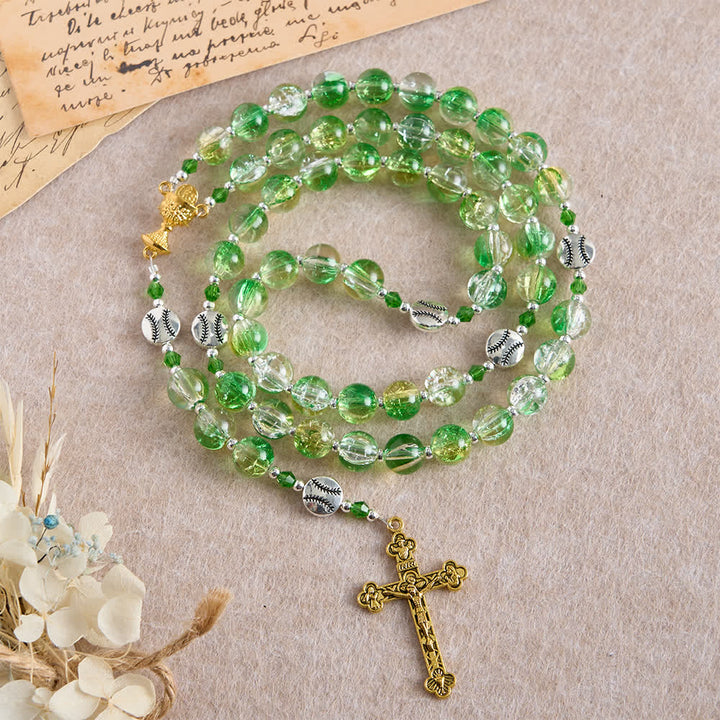 Christianartworkshop Chapelet en verre craquelé jaune-vert : grains en forme de balle de tennis avec médaille eucharistique pour la foi en mouvement - image 2