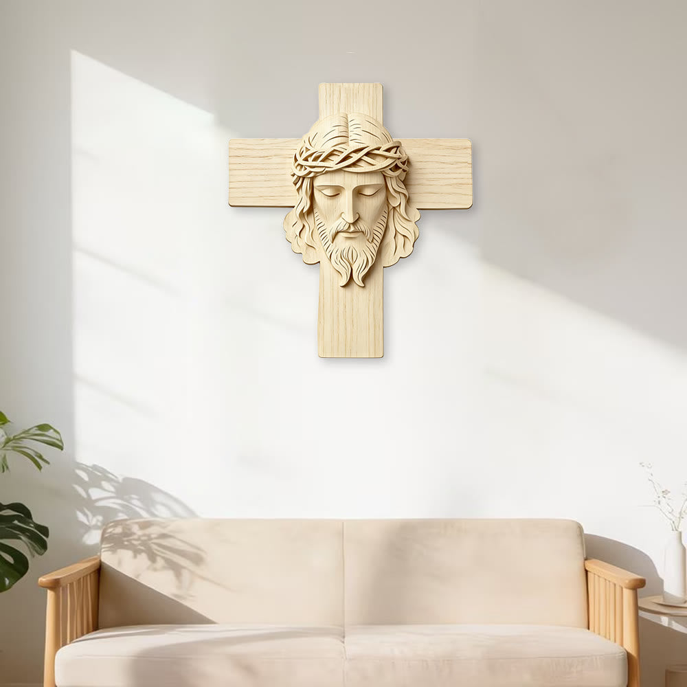 Croix murale intemporelle en bois de Christianartworkshop avec impression 2D de Jésus aux yeux fermés - image 3