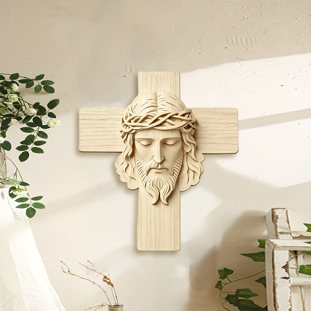 Croix murale intemporelle en bois de Christianartworkshop avec impression 2D de Jésus aux yeux fermés - image 1