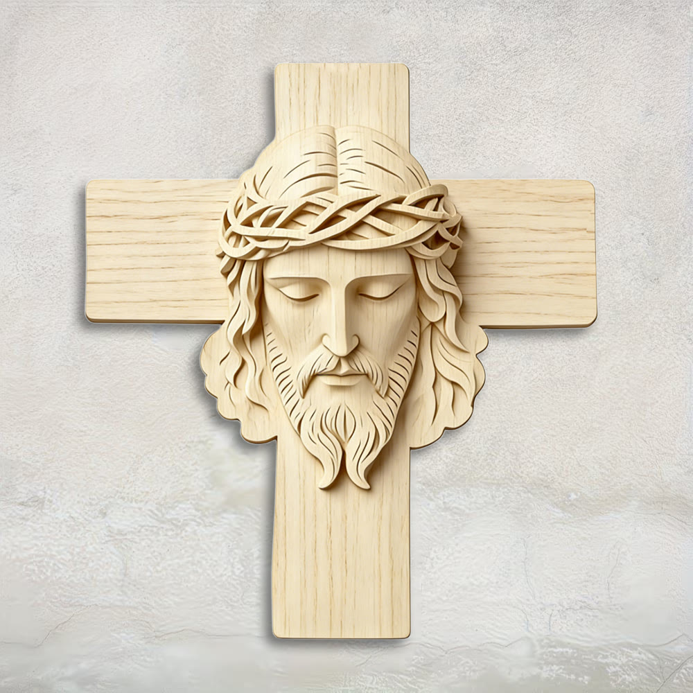 Croix murale intemporelle en bois de Christianartworkshop avec impression 2D de Jésus aux yeux fermés - 13,98''*15,75''*0,2''/35,5*40*0,5 cm - image 0