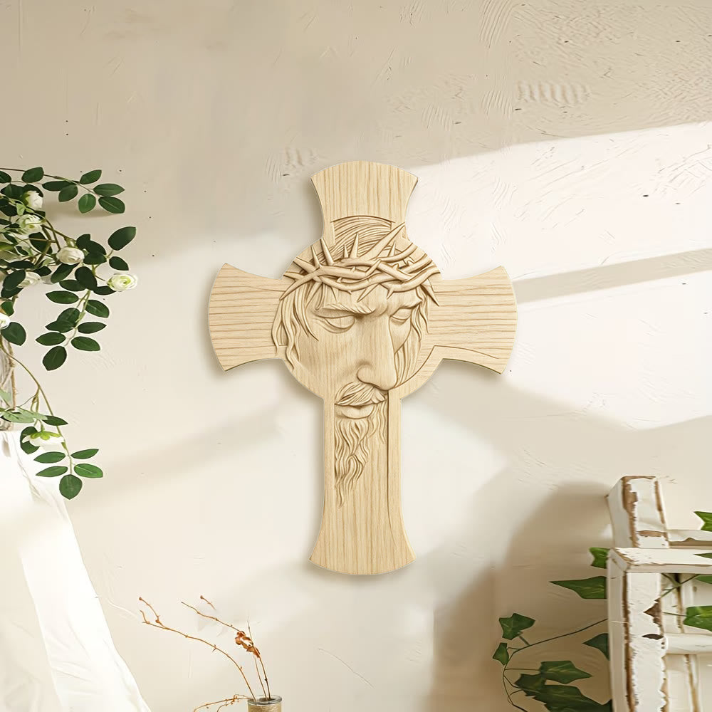 Croix murale minimaliste en bois de Christianartworkshop avec impression 2D de la couronne d'épines de Jésus : un emblème de dévotion et de grâce - image 1