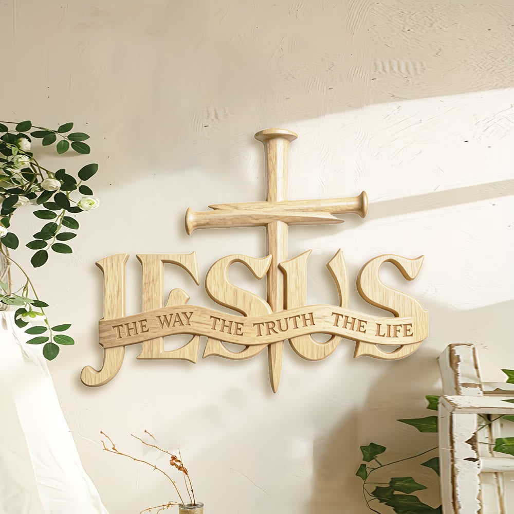 Décoration murale rustique en bois de Christianartworkshop avec impression « Jésus, le chemin, la vérité, la vie » et croix - image 1