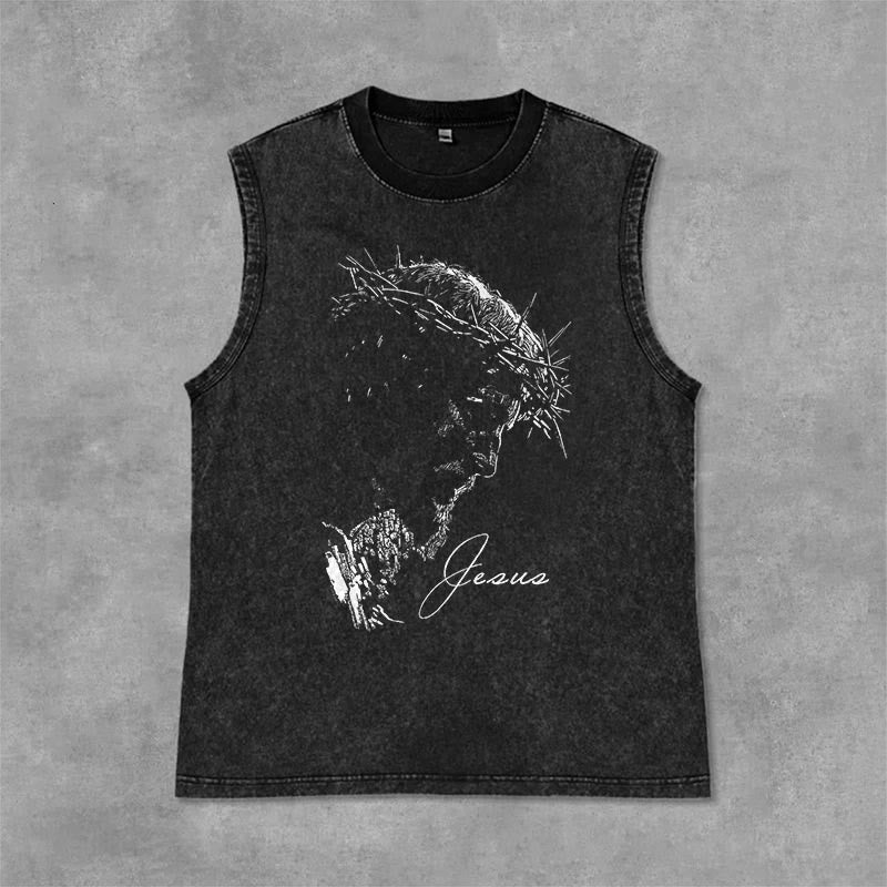 Christianartworkshop Débardeur vintage délavé avec croquis de la couronne d'épines de Jésus - Noir - 2XL - image 0