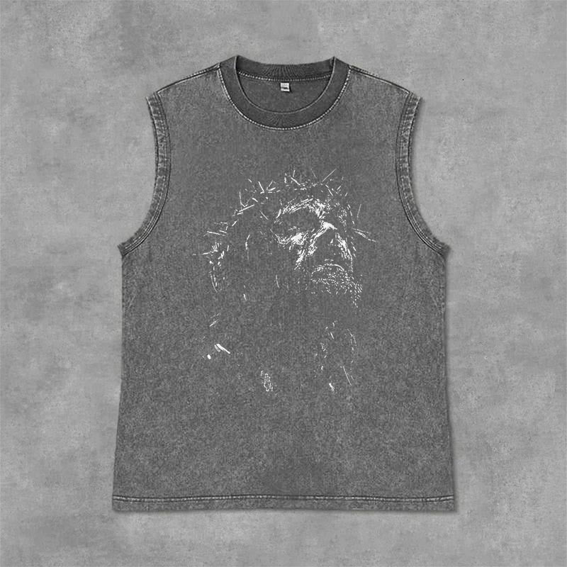 Christianartworkshop Débardeur vintage délavé avec croquis de la couronne d'épines du Saint Jésus - Gris - 2XL - image 0