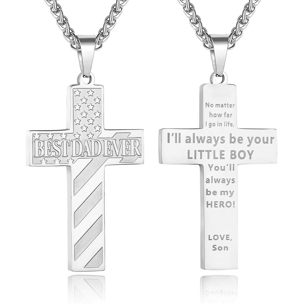 Christianartworkshop Collier Croix Patriotique « Tu seras toujours mon héros » : Un cadeau sentimental pour papa de la part d'un fils, d'une fille et d'un frère, symbole des liens familiaux et de la foi. - LE MEILLEUR PAPA DU MONDE - fils - Silver - image 2