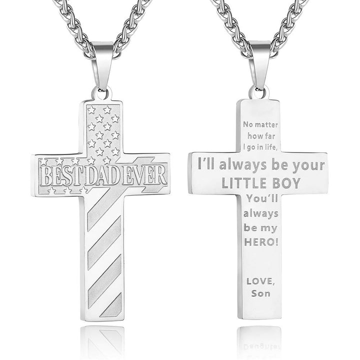 Christianartworkshop Collier Croix Patriotique « Tu seras toujours mon héros » : Un cadeau sentimental pour papa de la part d'un fils, d'une fille et d'un frère, symbole des liens familiaux et de la foi. - LE MEILLEUR PAPA DU MONDE - fils - Silver - image 2