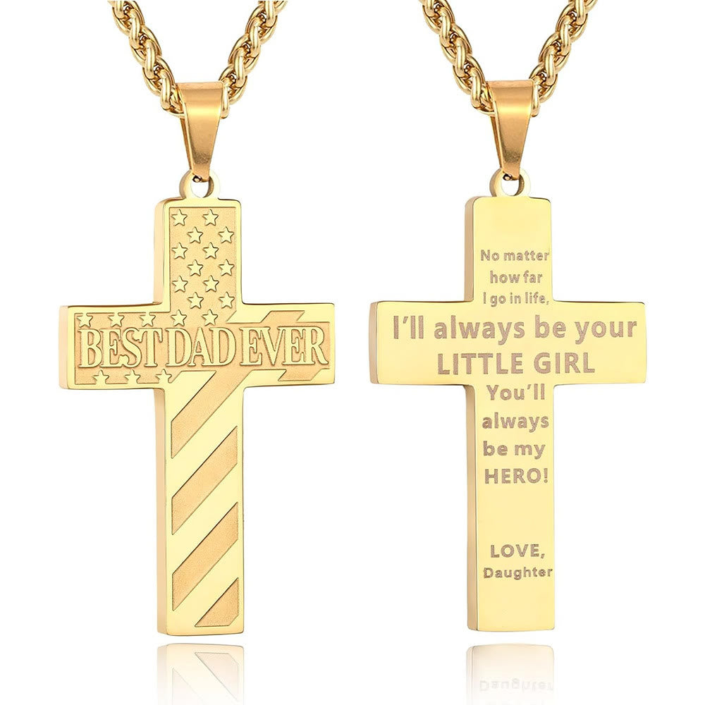 Christianartworkshop Collier Croix Patriotique « Tu seras toujours mon héros » : Un cadeau sentimental pour papa de la part d'un fils, d'une fille et d'un frère, symbole des liens familiaux et de la foi. - LE MEILLEUR PAPA DU MONDE - fille - Golden - image 7
