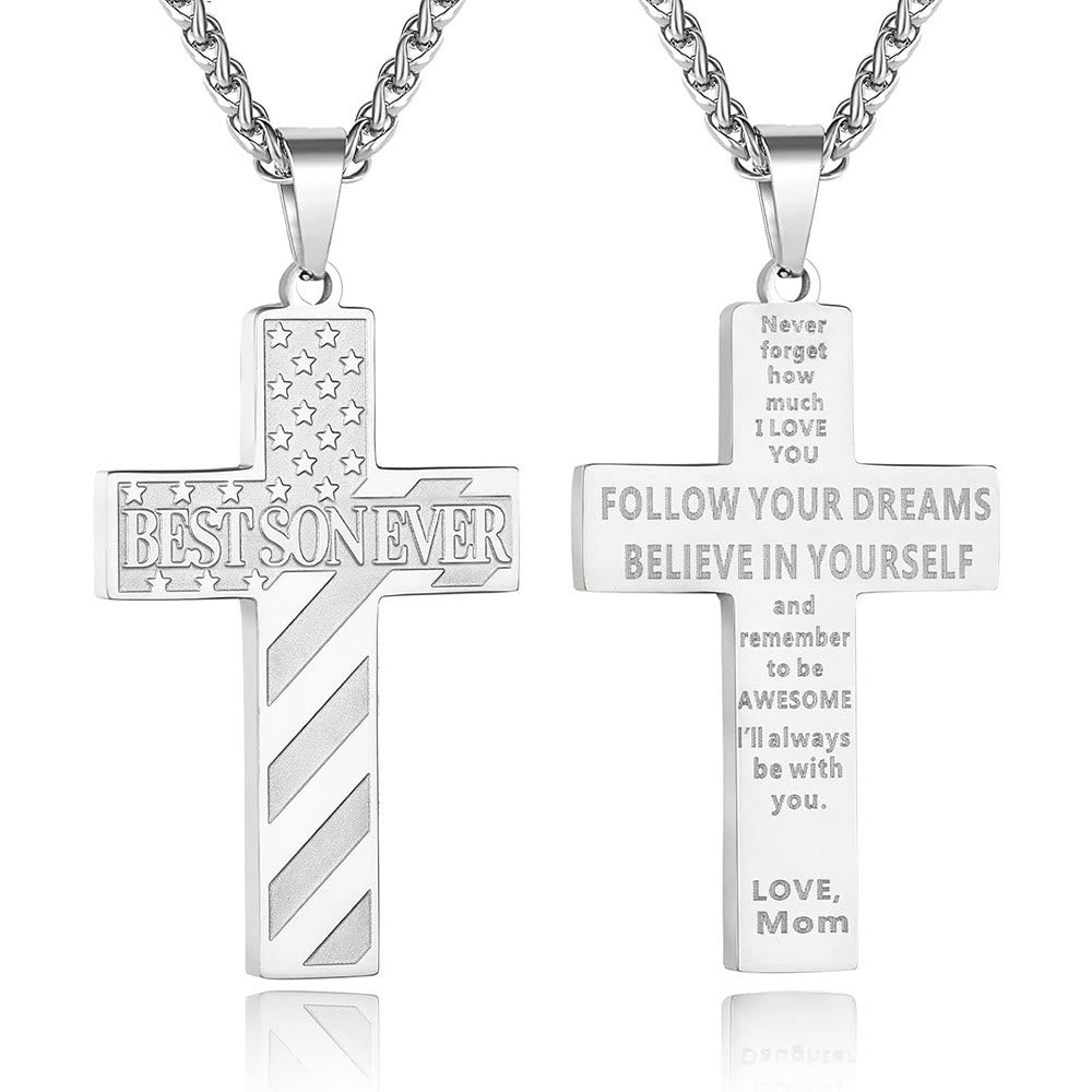 Christianartworkshop Collier Croix Patriotique « Tu seras toujours mon héros » : Un cadeau sentimental pour papa de la part d'un fils, d'une fille et d'un frère, symbole des liens familiaux et de la foi. - LE MEILLEUR FILS DU MONDE - maman - Silver - image 10