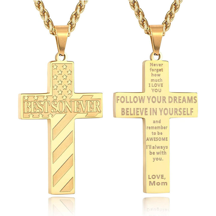 Christianartworkshop Collier Croix Patriotique « Tu seras toujours mon héros » : Un cadeau sentimental pour papa de la part d'un fils, d'une fille et d'un frère, symbole des liens familiaux et de la foi. - LE MEILLEUR FILS DU MONDE - maman - Golden - image 11