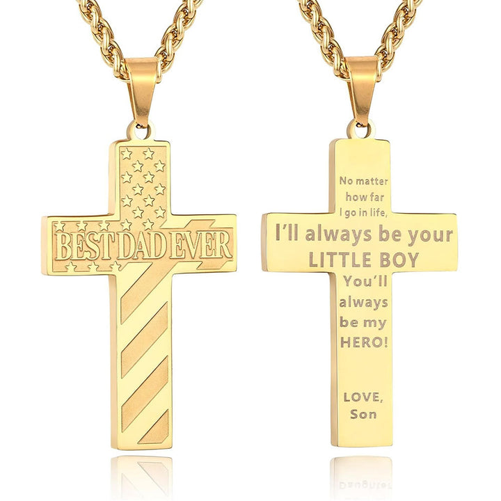Christianartworkshop Collier Croix Patriotique « Tu seras toujours mon héros » : Un cadeau sentimental pour papa de la part d'un fils, d'une fille et d'un frère, symbole des liens familiaux et de la foi. - LE MEILLEUR PAPA DU MONDE - fils - Golden - image 4