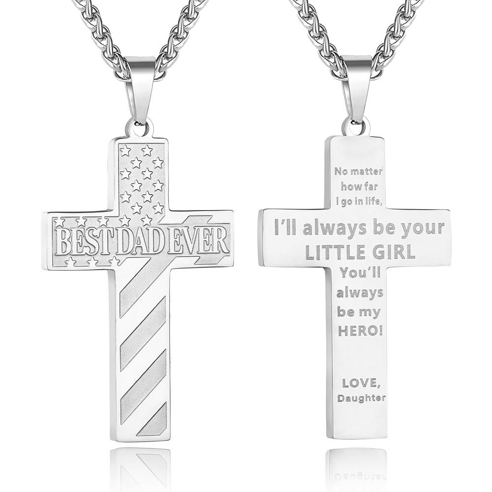 Christianartworkshop Collier Croix Patriotique « Tu seras toujours mon héros » : Un cadeau sentimental pour papa de la part d'un fils, d'une fille et d'un frère, symbole des liens familiaux et de la foi. - LE MEILLEUR PAPA DU MONDE - fille - Silver - image 6
