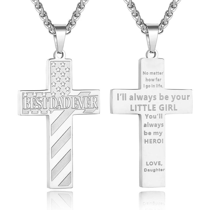 Christianartworkshop Collier Croix Patriotique « Tu seras toujours mon héros » : Un cadeau sentimental pour papa de la part d'un fils, d'une fille et d'un frère, symbole des liens familiaux et de la foi. - LE MEILLEUR PAPA DU MONDE - fille - Silver - image 6