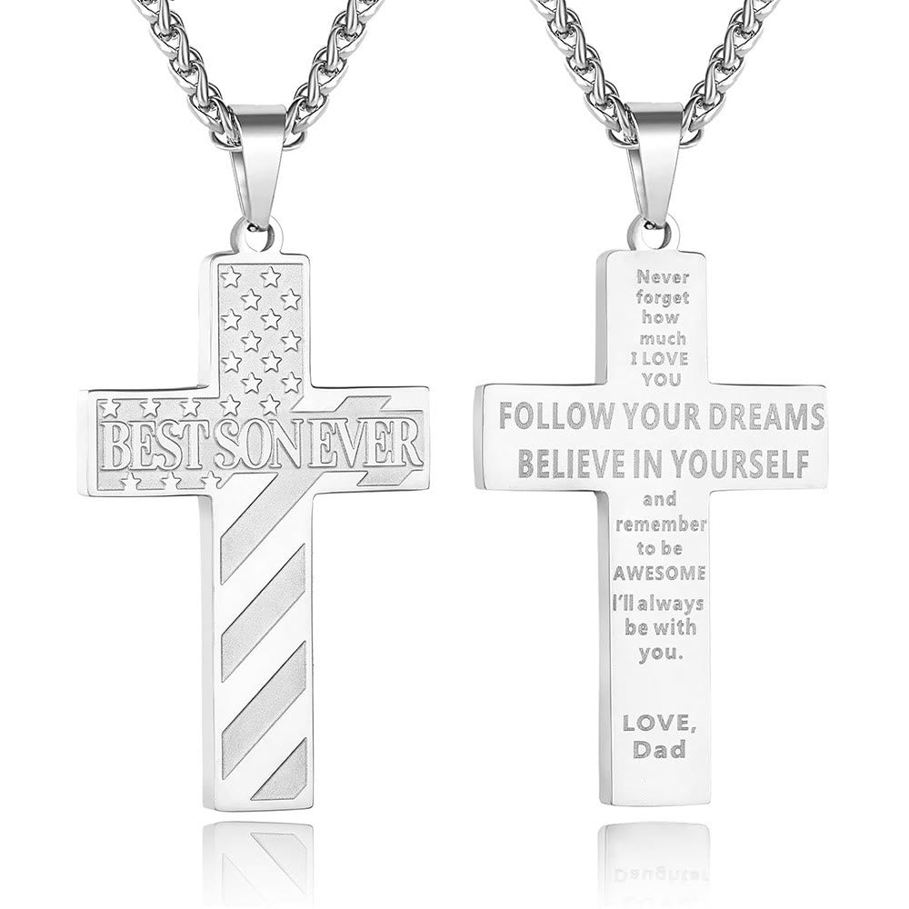 Christianartworkshop Collier Croix Patriotique « Tu seras toujours mon héros » : Un cadeau sentimental pour papa de la part d'un fils, d'une fille et d'un frère, symbole des liens familiaux et de la foi. - LE MEILLEUR FILS DU MONDE - papa - Silver - image 13