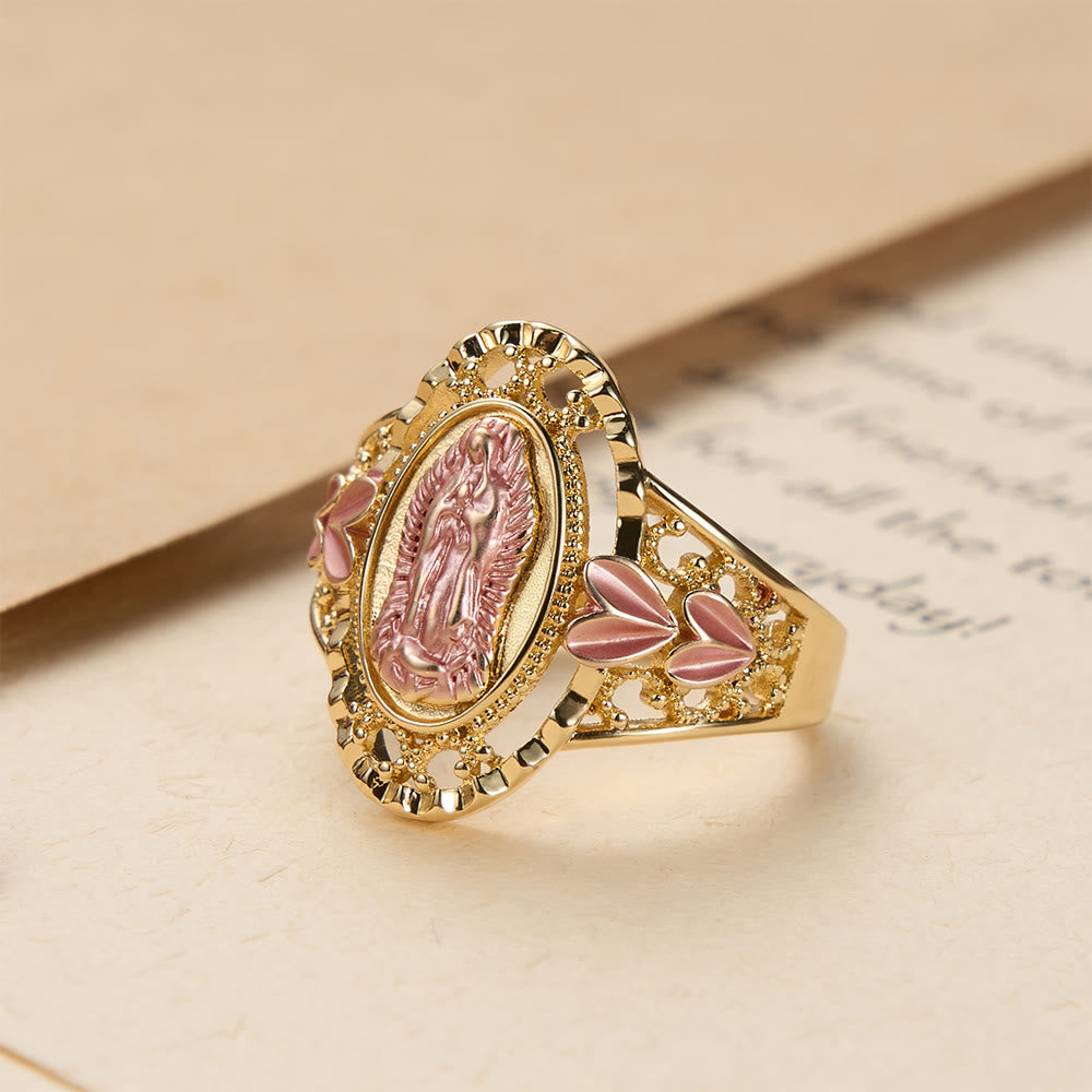 Christianartworkshop Bague de dévotion émaillée Notre-Dame de Guadalupe ornée de motifs floraux : symbole de la grâce mariale et de la protection divine - image 1