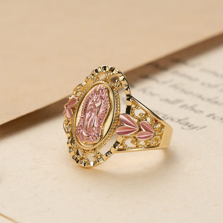 Christianartworkshop Bague de dévotion émaillée Notre-Dame de Guadalupe ornée de motifs floraux : symbole de la grâce mariale et de la protection divine - image 1