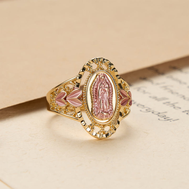 Christianartworkshop Bague de dévotion émaillée Notre-Dame de Guadalupe ornée de motifs floraux : symbole de la grâce mariale et de la protection divine - 10 US - image 0