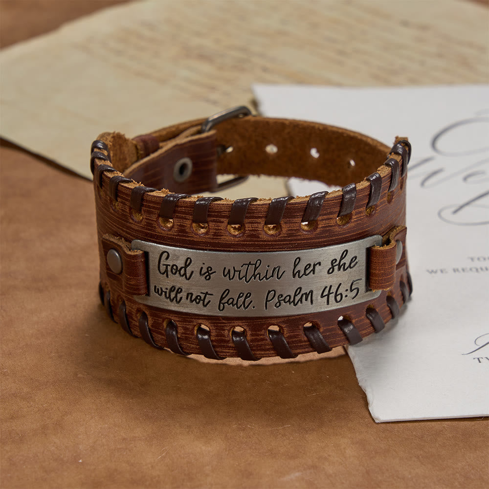 Christianartworkshop Bracelet en cuir gravé du Psaume 46:5 avec coutures tressées : symbole de force divine et de foi inébranlable - Brun - image 0