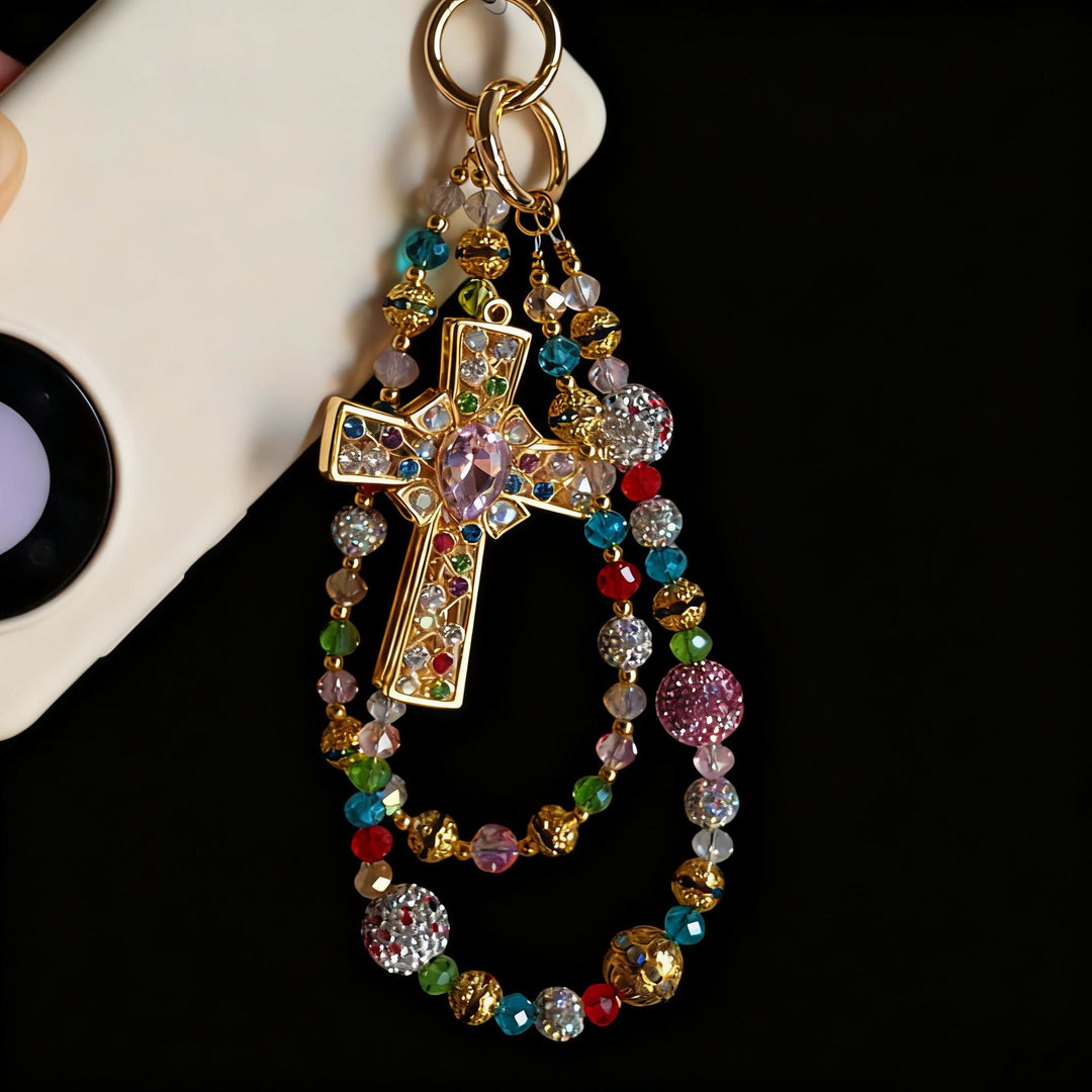 Christianartworkshop Breloque pour téléphone en forme de croix en cristal coloré avec pompon perlé : un symbole de foi vibrante et de lumière divine - Double chaîne - image 0