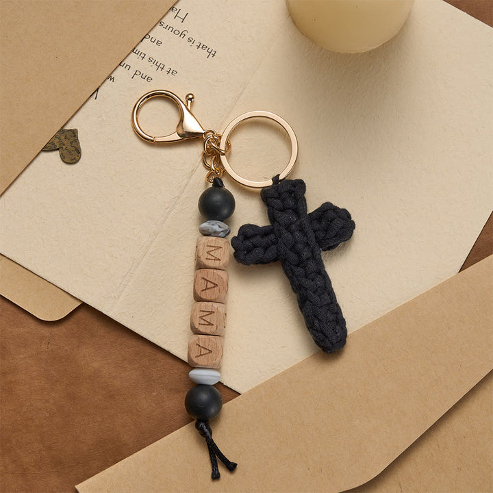 Christianartworkshop Porte-clés croix en crochet doux avec perles gravées « MAMA » : incarne la grâce, la fidélité et la chaleur. - Noir - image 2