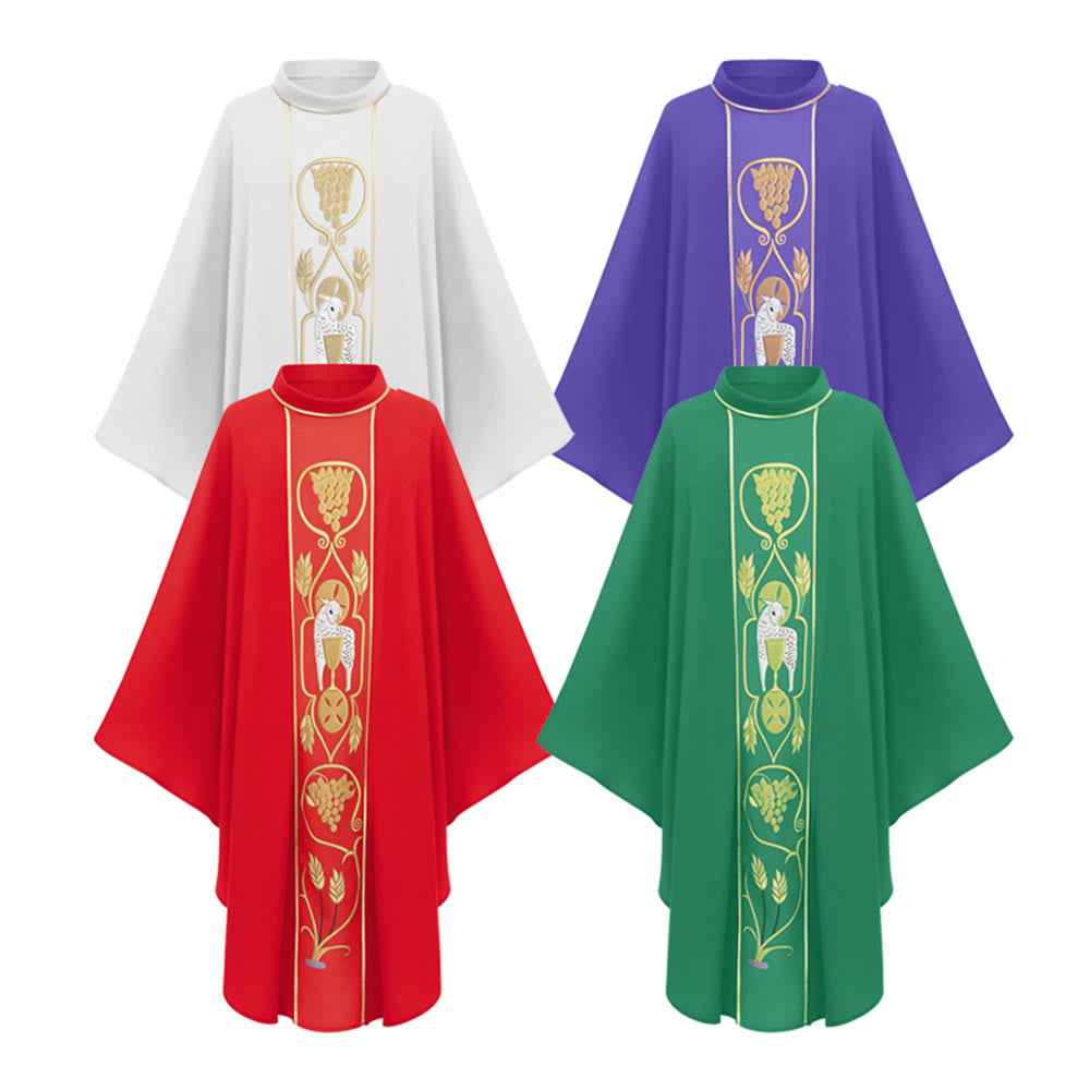 Christianartworkshop - Ensemble de chasubles assorties aux couleurs variées, ornées de motifs d'agneau doré, de raisin et de calice - image 1