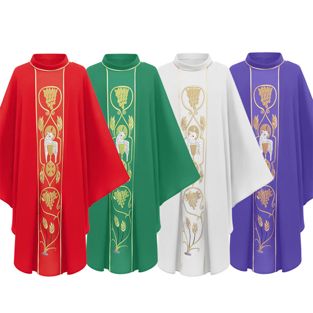 Christianartworkshop - Ensemble de chasubles assorties aux couleurs variées, ornées de motifs d'agneau doré, de raisin et de calice - image 0