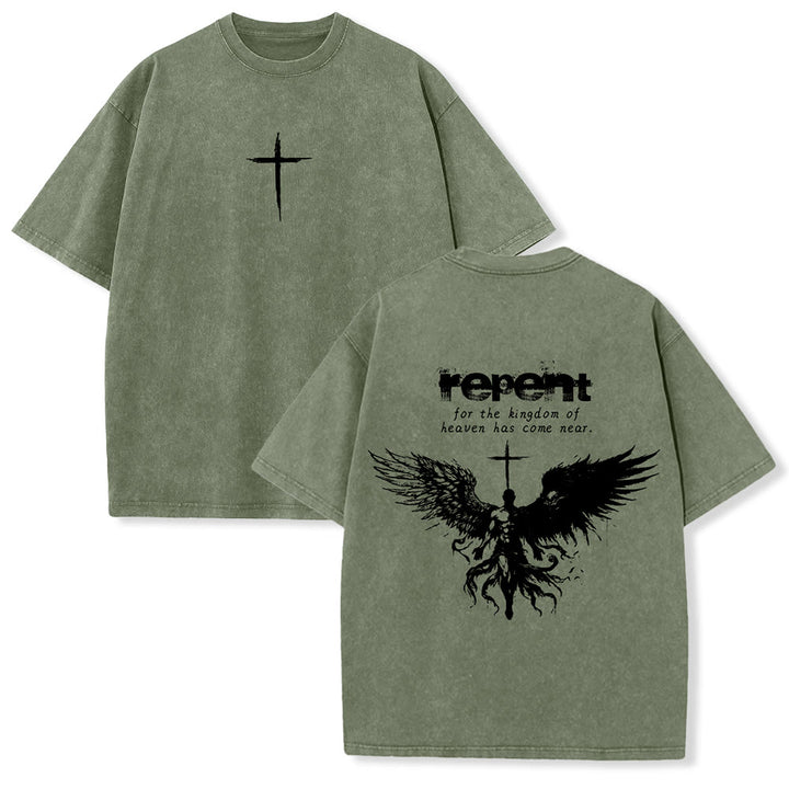T-shirt unisexe délavé Christianartworkshop « Repentez-vous pour le Royaume des Cieux » - Vert armée - 5XL - image 9
