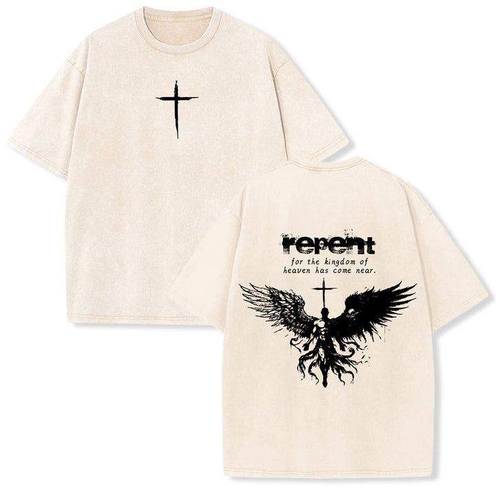 T-shirt unisexe délavé Christianartworkshop « Repentez-vous pour le Royaume des Cieux » - Beige - 5XL - image 15