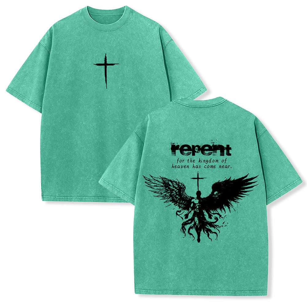 T-shirt unisexe délavé Christianartworkshop « Repentez-vous pour le Royaume des Cieux » - Vert - 5XL - image 6