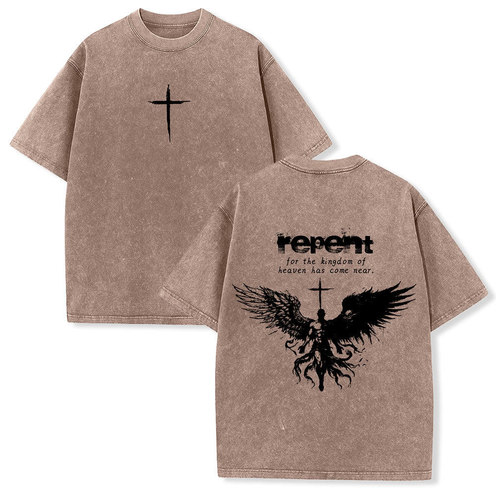 T-shirt unisexe délavé Christianartworkshop « Repentez-vous pour le Royaume des Cieux » - Brun - 5XL - image 12