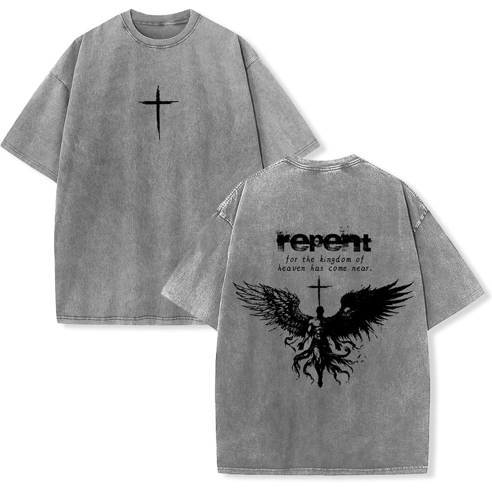 T-shirt unisexe délavé Christianartworkshop « Repentez-vous pour le Royaume des Cieux » - Gris - 5XL - image 0